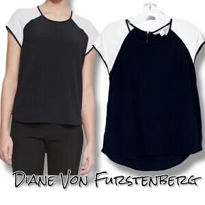 Diane von Furstenberg DVF Liva Colorblock Black White Silk Top Blouse Womens XS